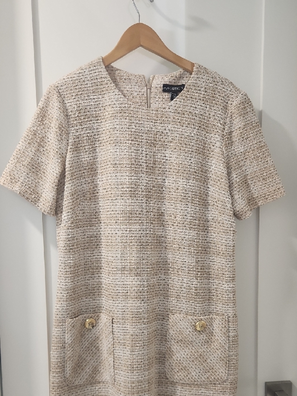 Halston Heritage Beige Tweed Short-Sleeve Shift Dress - Picture 4 of 10
